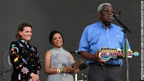 Manchester Mayor Lonnie Norman (right) onstage during the Bonnaroo Music and Arts Festival on June 16, 2019.
