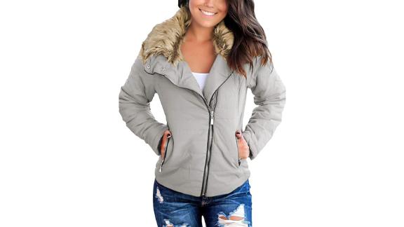 Vetinee Faux Fur Lapel Zip Pockets Quilted Parka 
