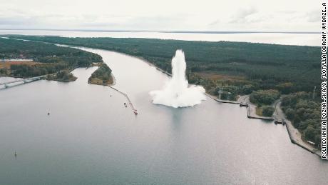 This video still shows the World War II Tallboy bomb exploding near the Polish port of Swinoujscie.