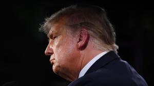 CLEVELAND, OHIO - SEPTEMBER 29: U.S. President Donald Trump listens during the first presidential debate against former Vice President and Democratic presidential nominee Joe Biden at the Health Education Campus of Case Western Reserve University on September 29, 2020 in Cleveland, Ohio. This is the first of three planned debates between the two candidates in the lead up to the election on November 3. (Photo by Olivier Douliery-Pool/Getty Images)