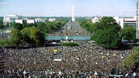 This photograph taken from the US Capitol Building shows thousands of people gathered on the Mall during the &quot;Million Man March&quot; in Washington D.C., on October 16, 1995. 