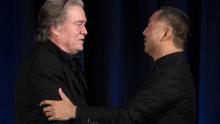 Former White House Chief Strategist Steve Bannon (L) greets fugitive Chinese billionaire Guo Wengui before introducing him at a news conference on November 20, 2018 in New York, on the death of of tycoon Wang Jian in France on July 3, 2018. (Photo by Don EMMERT / AFP)        (Photo credit should read DON EMMERT/AFP via Getty Images)