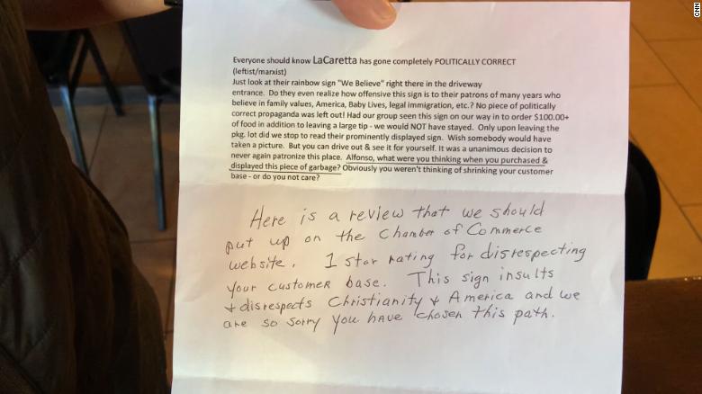 The anonymous letter a customer sent to La Carreta owner Alfonso Medina that led to the "No Love, No Tacos" slogan.