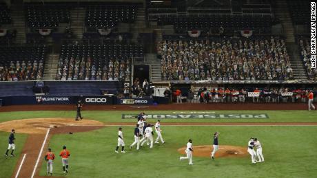 The Tampa Bay Rays celebrate beating the Houston Astros.