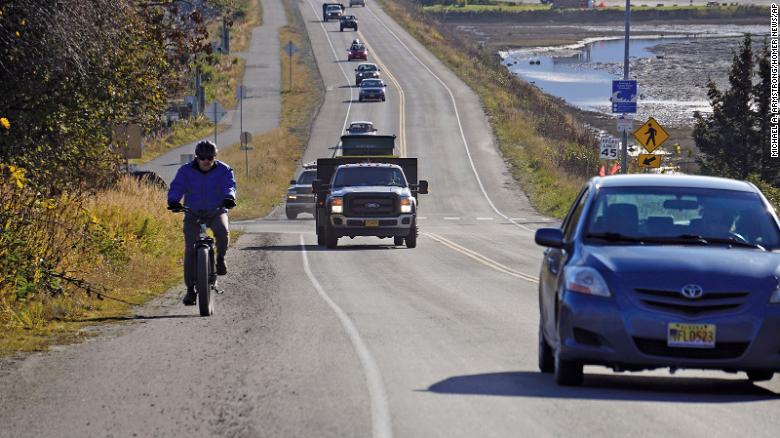 A line of traffic leaves Homer, Alaska, after a tsunami evacuation order was issued for low-lying areas.