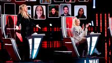 (From left) Kelly Clarkson and Gwen Stefani, joined by a virtual audience, cheered during the so-called &quot;blind auditions&quot; of &quot;The Voice.&quot;