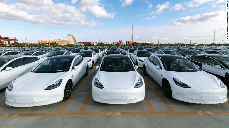 Tesla&#39;s Chinese-made Model 3 vehicles seen on Monday.