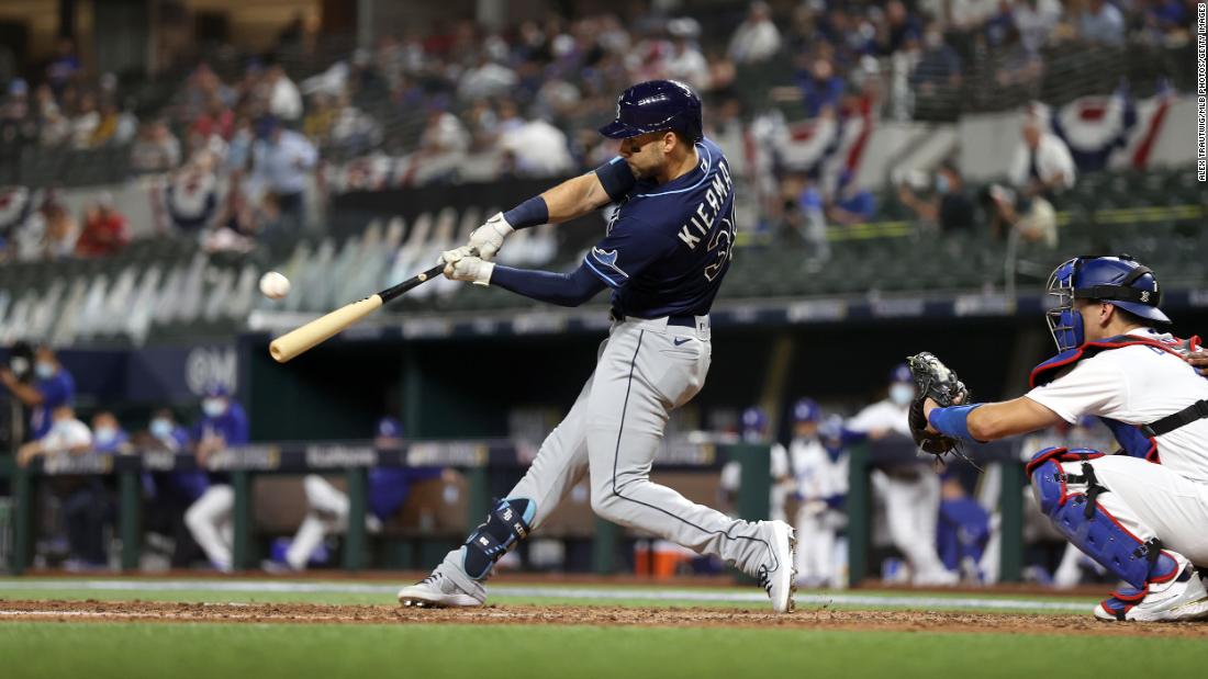 Tampa Bay Rays outfielder Kevin Kiermaier hits a home run in the fifth inning of Game 1.