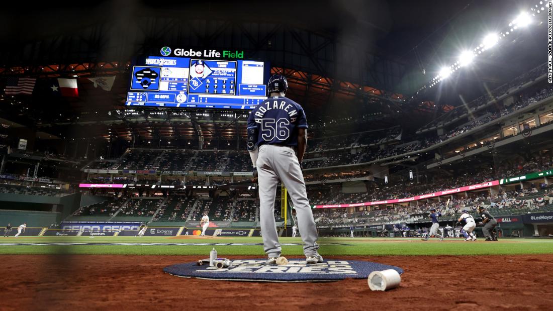 Rays outfielder Randy Arozarena stands in the on deck circle during Game 1.