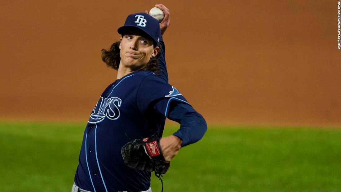 Tyler Glasnow of the Tampa Bay Rays pitches during Game 1. Glasnow gave up six runs in the series opener.