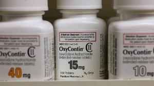 Bottles of Purdue Pharma L.P. OxyContin medication sit on a pharmacy shelf in Provo, Utah, U.S., on Wednesday, Aug. 31, 2016. A Nov. 2015 forecast from health data firm IMS Health expects global sales of brand and generic prescription drugs, and nonprescription medicines, to total $1.4 trillion in 2020. Photographer: George Frey/Bloomberg via Getty Images