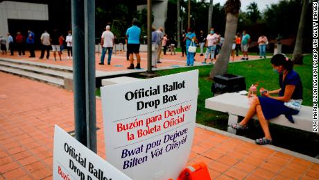 &quot;Offcial ballot drop box&quot; signs are seen at Westchester Regional Library in Miami, Florida on October 19, 2020. - Early voting kicked off Monday in Florida, a pivotal state fought over relentlessly by President Donald Trump and Democratic challenger Joe Biden as their contentious White House race enters its final 15-day stretch. Record numbers of Americans have already cast ballots in person or by mail -- 28.6 million, according to one tracker -- ahead of the November 3 election, as the rivals race from one swing state to another to marshal support. (Photo by Eva Marie UZCATEGUI / AFP) (Photo by EVA MARIE UZCATEGUI/AFP via Getty Images)