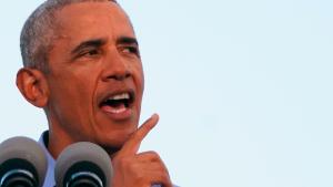 Former US President Barack Obama addresses Biden-Harris supporters during a drive-in rally in Philadelphia, Pennsylvania on October 21, 2020. - Former US president Barack Obama hit the campaign trail for Joe Biden today in a bid to drum up support for his former vice president among young Americans and Black voters in the final stretch of the White House race. (Photo by Alex Edelman / AFP) (Photo by ALEX EDELMAN/AFP via Getty Images)