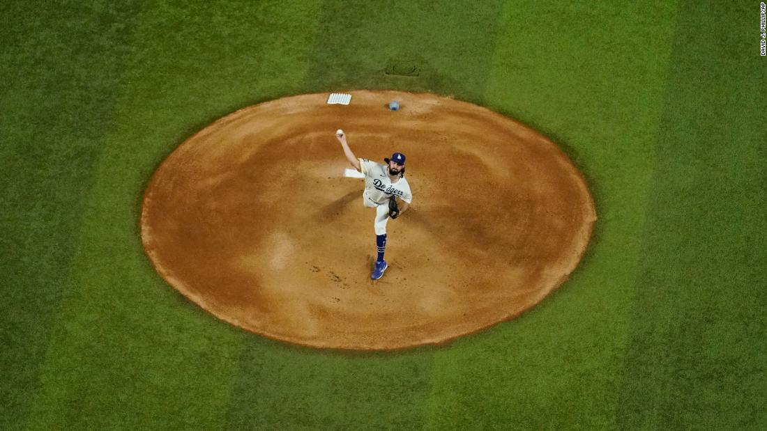 Dodgers starting pitcher Tony Gonsolin throws a pitch during the first inning of Game 2.