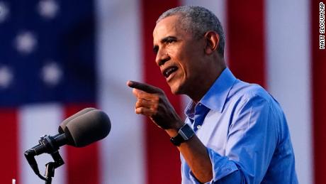 Former President Barack Obama speaks at Citizens Bank Park as he campaigns for Democratic presidential candidate former Vice President Joe Biden, Wednesday, Oct. 21, 2020, in Philadelphia. (AP Photo/ Matt Slocum)