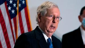 WASHINGTON, DC - OCTOBER 20: Senate Majority Leader Mitch McConnell (R-KY) (L) speaks during a news conference following the weekly Senate Republican policy luncheon in the Hart Senate Office Building on Capitol Hill on October 20, 2020 in Washington, DC. Senate Republicans are looking to hold a confirmation vote for Supreme Court nominee Amy Coney Barrett on Monday, October 26, approximately one week before the Presidential election. (Photo by Stefani Reynolds/Getty Images)