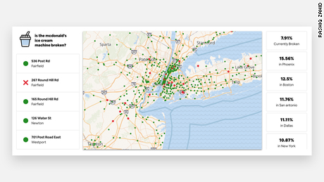 With just 2,000 lines of code, Rashiq Zahid, 24, created a website featuring a map that tracks which ice cream machines aren&#39;t working at roughly 10,000 different McDonald&#39;s restaurants across the US.