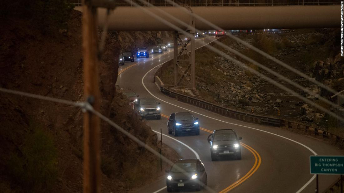 Evacuees drive through a traffic jam exiting Big Thompson Canyon as the East Troublesome Fire forced residents out of Estes Park, Colorado, on October 22.