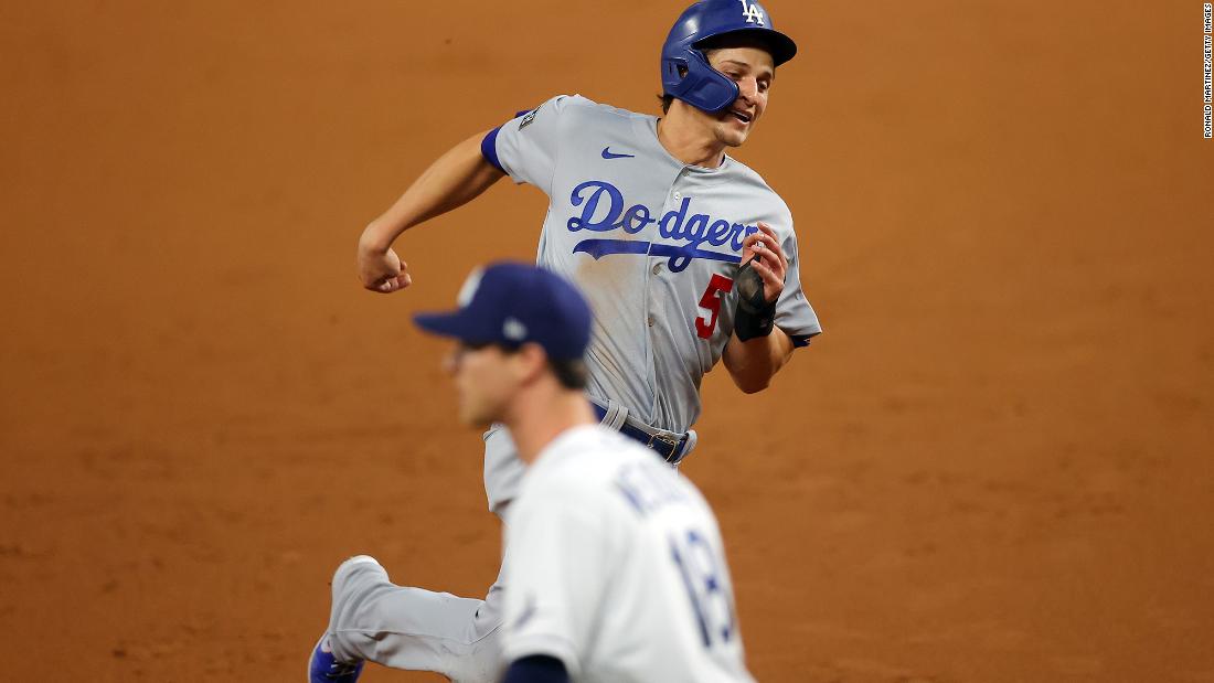 The Dodgers&#39; Corey Seager runs the bases during the third inning.