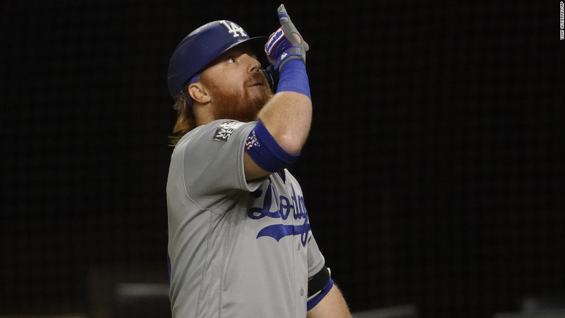 The Dodgers&#39; Justin Turner celebrates his home run during Game 3&#39;s first inning.