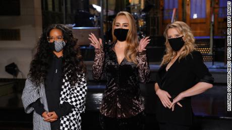 &#39;SNL&#39; musical guest H.E.R., left, host Adele, and Kate McKinnon film promos for Saturday&#39;s show on Thursday, October 22.