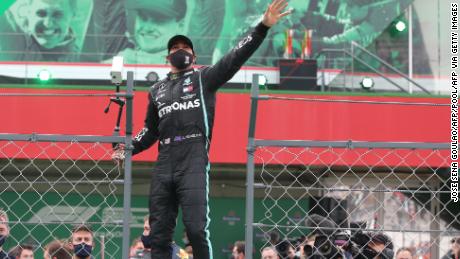 Hamilton celebrates after winning the Portuguese Grand Prix.