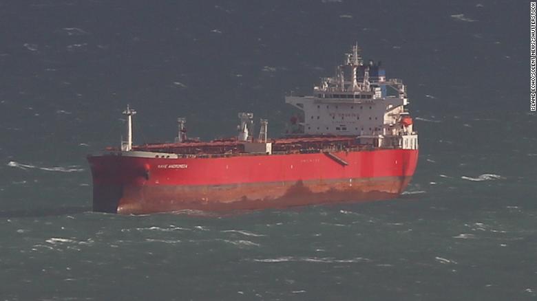 The oil tanker Nave Andromeda off the coast of England on Sunday, October 25, before British armed forces regained control of the ship.