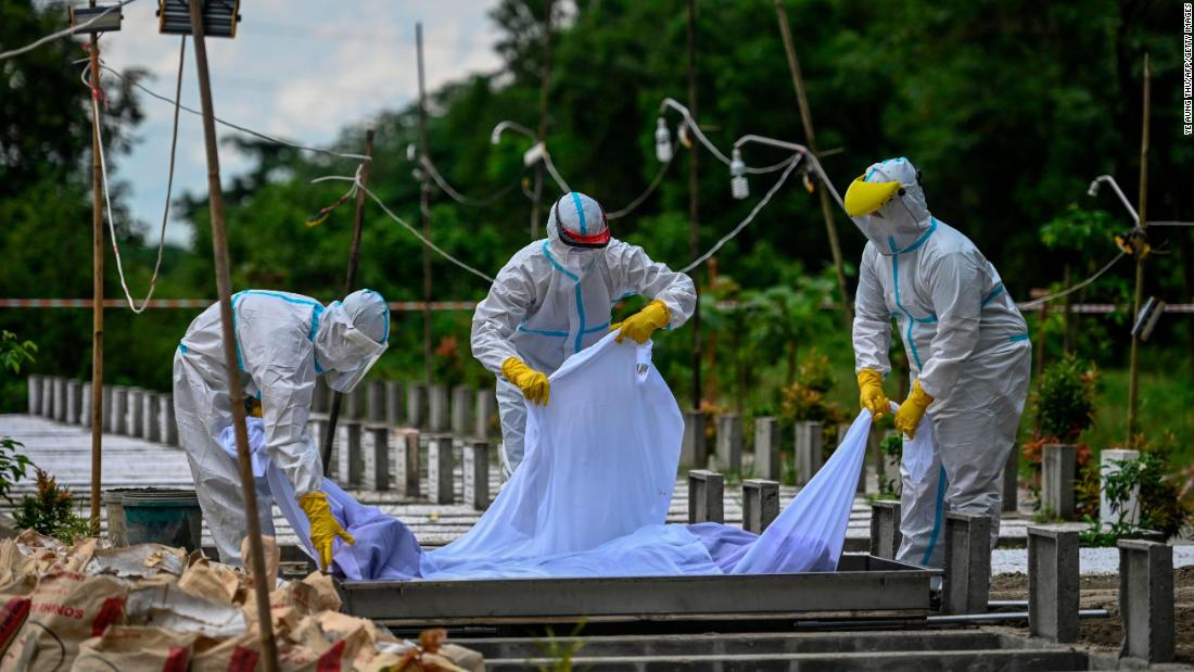 Volunteers at a cemetery in Yangon, Myanmar, bury someone believed to have died from Covid-19.