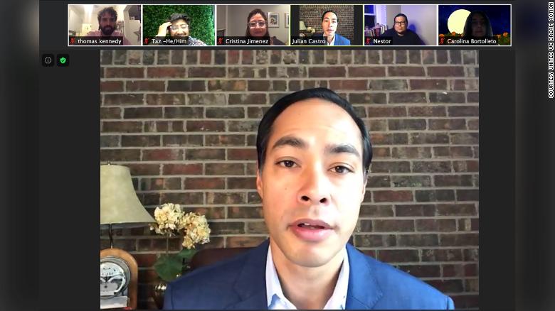 Former Housing and Urban Development Secretary Julián Castro speaks on a Zoom call with volunteers who are reaching out to voters as part of United We Dream Action&#39;s &quot;Here to Stay Squad.&quot;