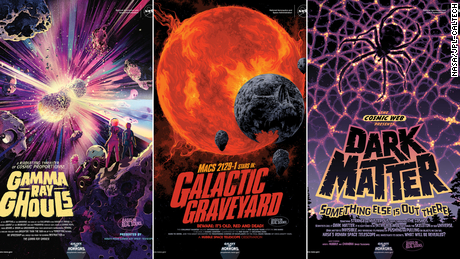 With Halloween just around the corner, NASA has released its latest Galaxy of Horrors posters. Presented in the style of vintage horror movie advertisements, the new posters feature a dead galaxy, an explosive gamma ray burst caused by colliding stellar corpses, and ever-elusive dark matter.