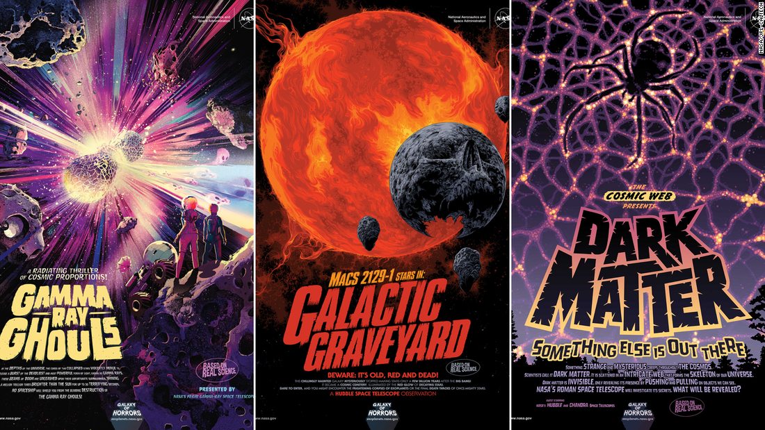 NASA&#39;s latest additions to their Galaxy of Horrors poster collection have released just in time for Halloween. They feature a deadly gamma ray burst, a dead galaxy and mysterious dark matter.