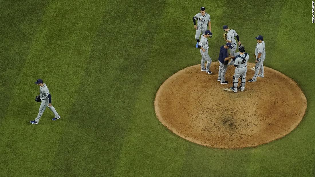 Tampa Bay Rays starting pitcher Blake Snell leaves the game against the Los Angeles Dodgers during the sixth inning.