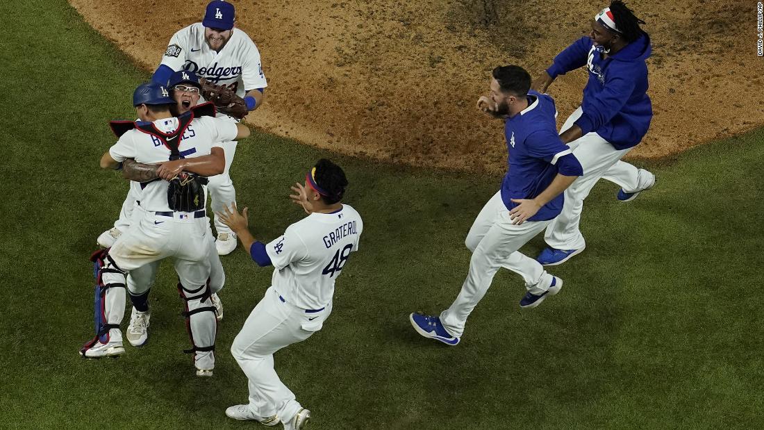 Los Angeles Dodgers celebrate after defeating the Tampa Bay Rays 3-1 to win the baseball World Series in Game 6 on Tuesday, October 27, in Arlington, Texas. 