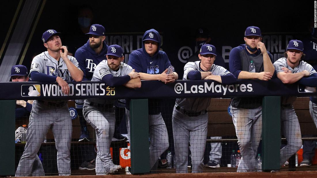 The Tampa Bay Rays look on from the dugout during the ninth inning. 