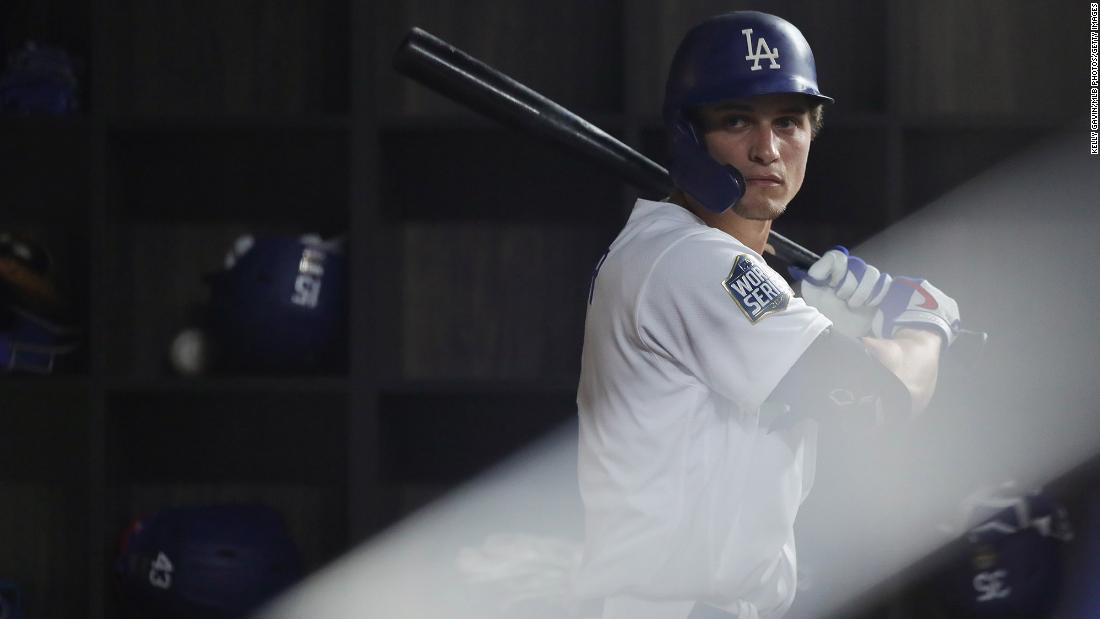 Corey Seager of the Los Angeles Dodgers looks on from the dugout. Seager was named World Series MVP. 