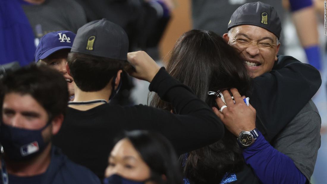 Los Angeles Dodgers Manager Dave Roberts celebrates after defeating the Tampa Bay Rays.