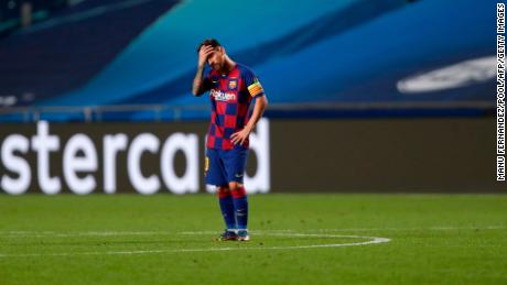Messi reacts during the Champions League quarter-final match between Barcelona and Bayern Munich.