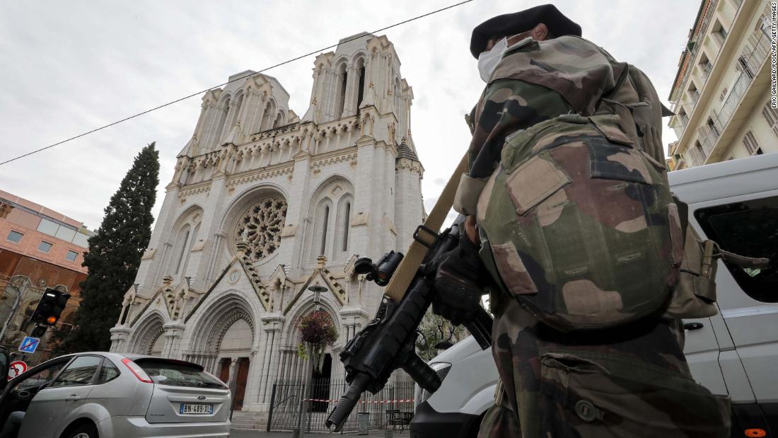 A French soldier stands by the Notre-Dame Basilica in Nice, France, after a knife attack there on Thursday, October 29.
