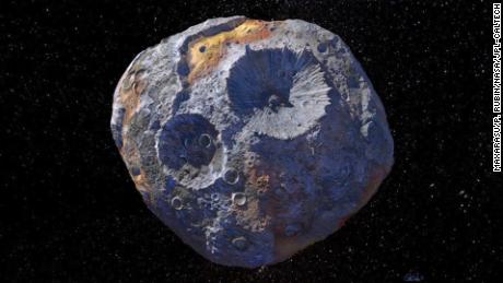 This rendering shows how scientists think the Psyche asteroid appears up close.