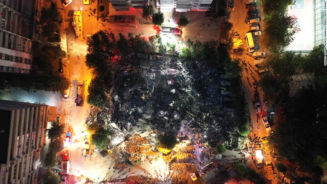 This aerial photo shows a collapsed building in the Bornova district of Izmir.