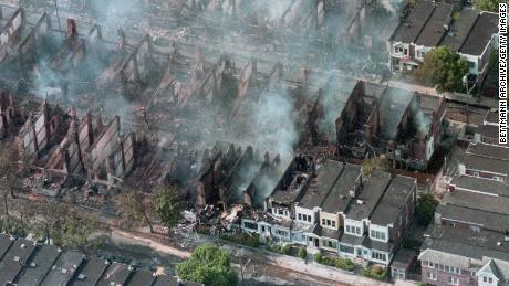 Flames spread after police dropped a bomb on May 13, 1985 in West Philadelphia, destroying 61 homes.