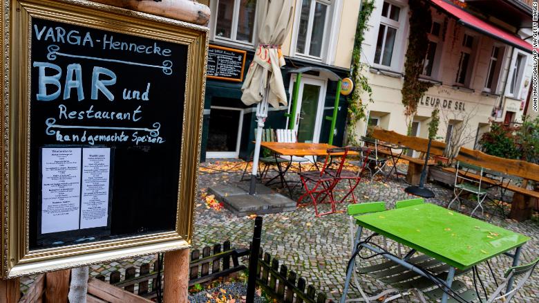 An empty terrace in Berlin on Thursday as Germany prepares for wide-ranging lockdown measures from Monday.