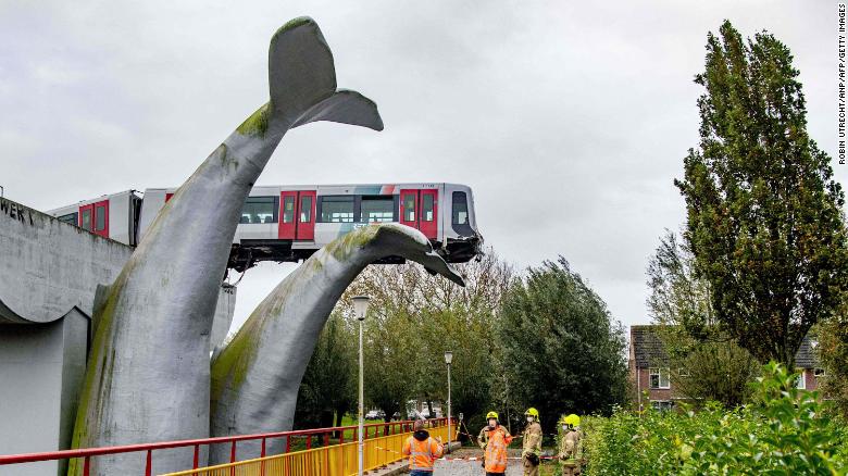 Whale of a ride: Crashed subway train lands on giant sea creature sculpture