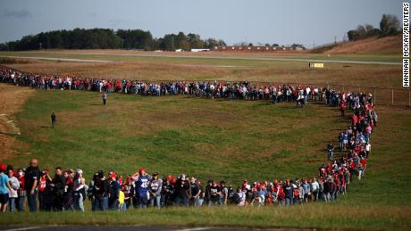 Supporters line up for a Trump rally in Hickory, North Carolina, on November 1, 2020.