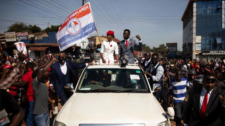 Bobi Wine parades though the streets through crowds of supporters on November 3, 2020 in Kampala, Uganda. 