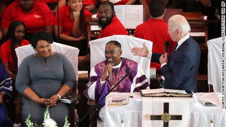 Joe Biden pays compliments to Stacey Abrams during a March 2020 event in Selma, Alabama. 