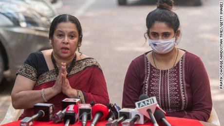 Anvay Naik&#39;s wife Akshata Naik and daughter Adnya Naik address media during a press conference after Arnab Goswami&#39;s arrest on November 4, 2020 in Mumbai, India.