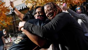 People celebrate Saturday, Nov. 7, 2020, in Philadelphia, after Democrat Joe Biden defeated President Donald Trump to become 46th president of the United States. (AP Photo/Rebecca Blackwell)