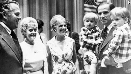 Biden carries his sons Beau, left, and Hunter while attending a Democratic convention in Delaware in 1972. At center is his wife Neilia Biden, who was killed in an auto crash, December 20, 1972. With them are Gov.-elect Sherman W. Tribbitt and his wife, Jeanne.