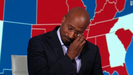 A screenshot of Van Jones wiping tears after Joe Biden was projected to win the US presidency.